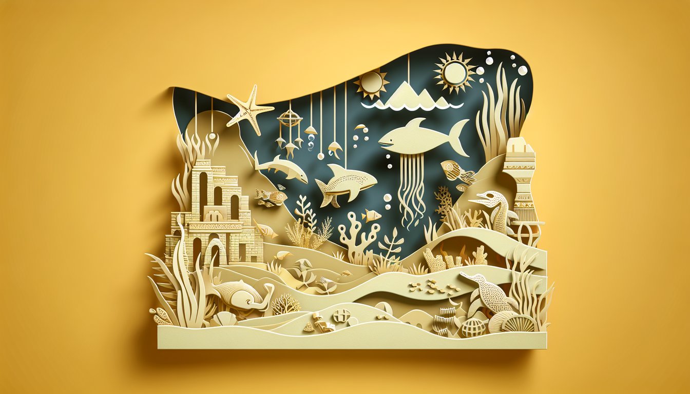 paper cut style art showing pirate hero and sea beast with tentacles on golden yellow background
