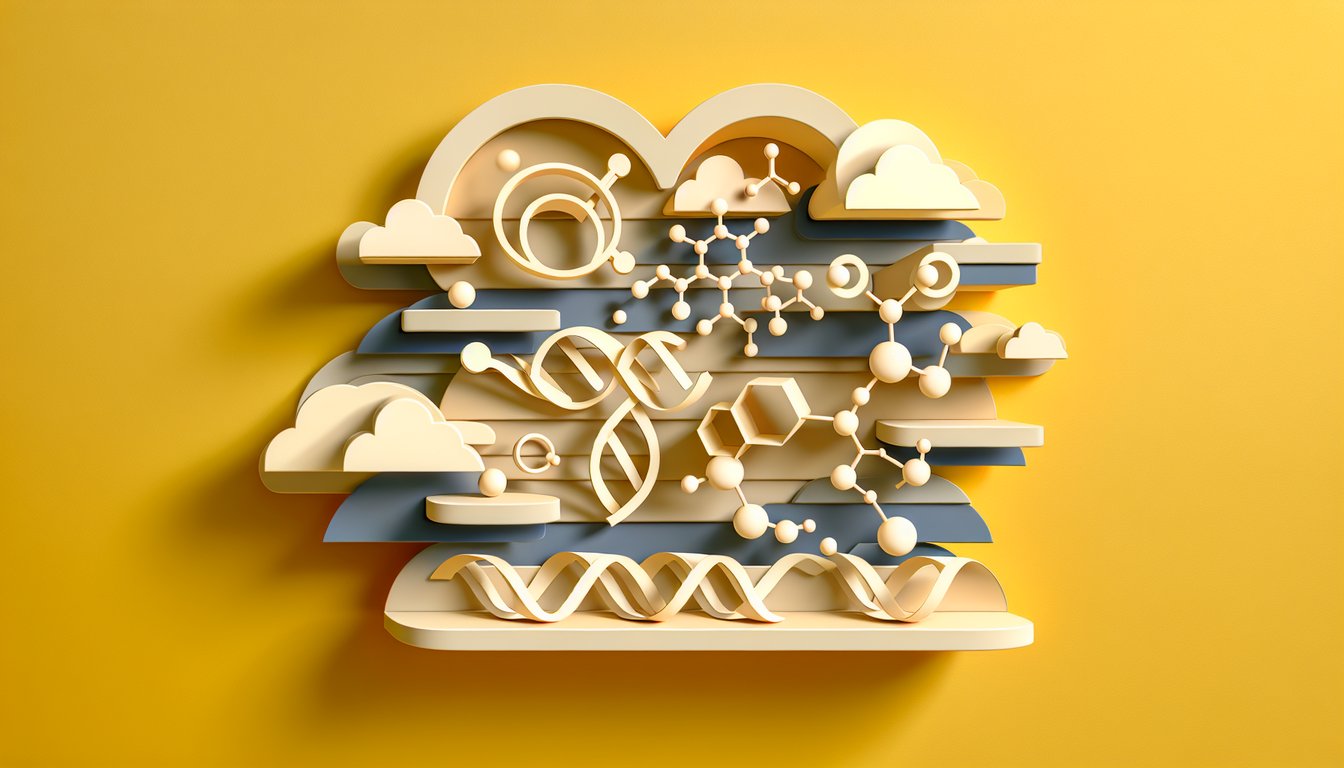 Paper art illustration for a biology quiz on macromolecules and enzymes on a golden yellow background.