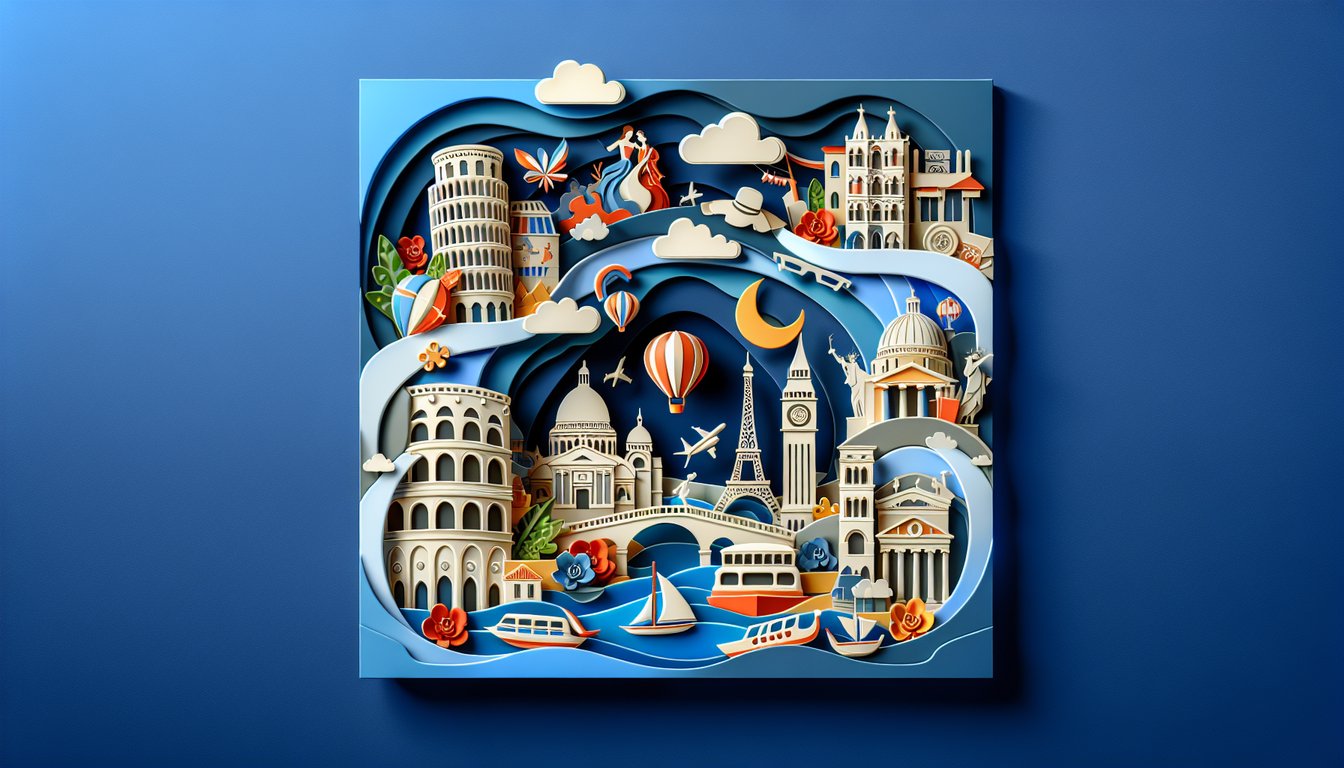 Paper art Europe map with travel icons suitcase passport camera airplane quiz badge on dark blue background