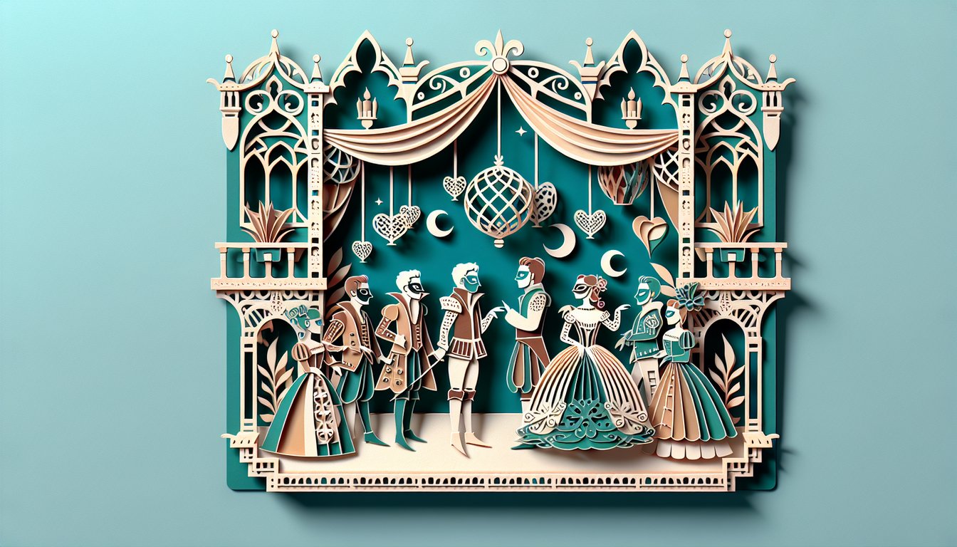 paper art illustration depicting stylized Romeo and Tybalt clashing at a party, teal background, quiz heading