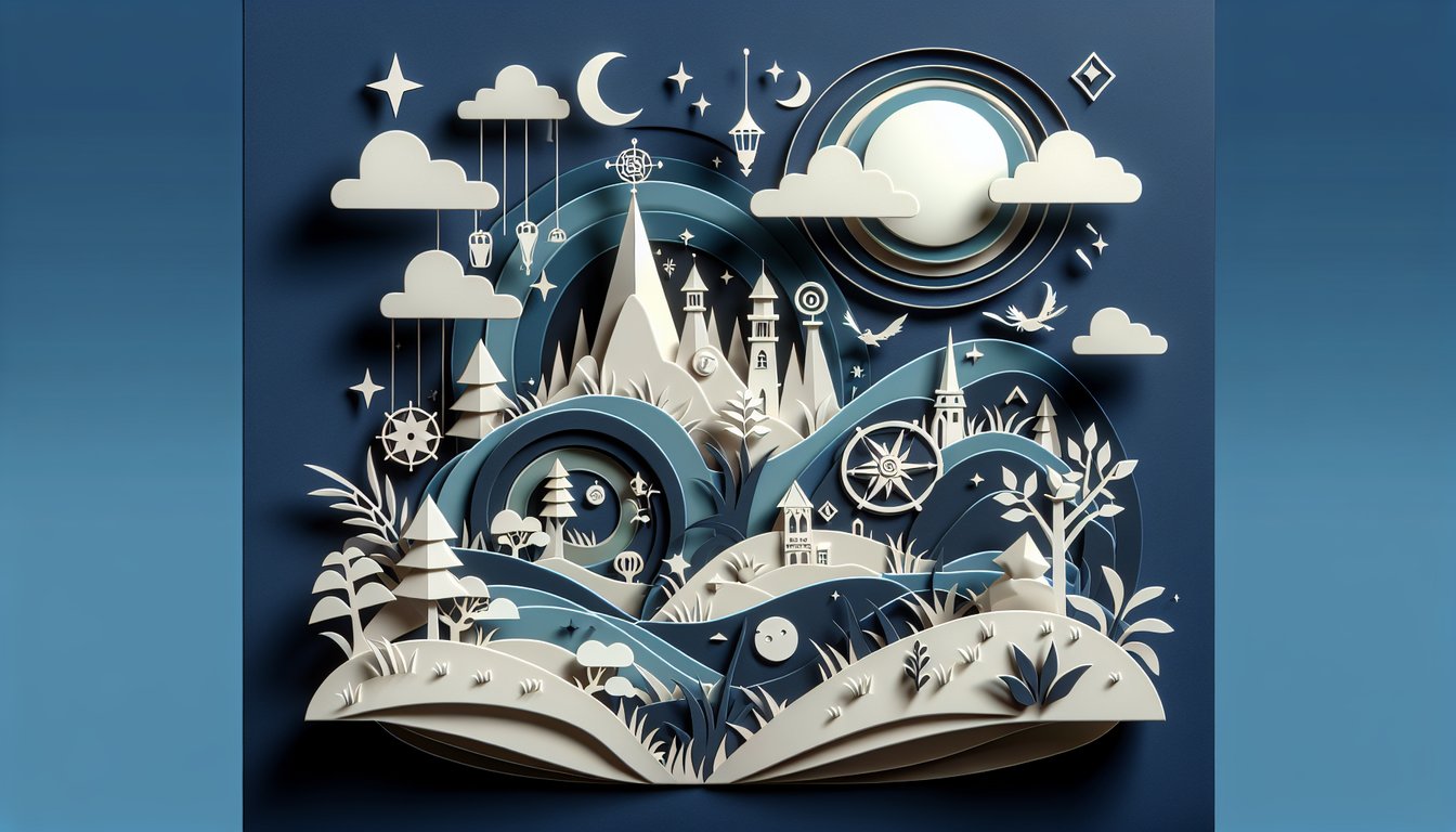 Paper art quiz banner for Gravity Falls featuring cutout characters symbols and quirky icons on dark blue background.