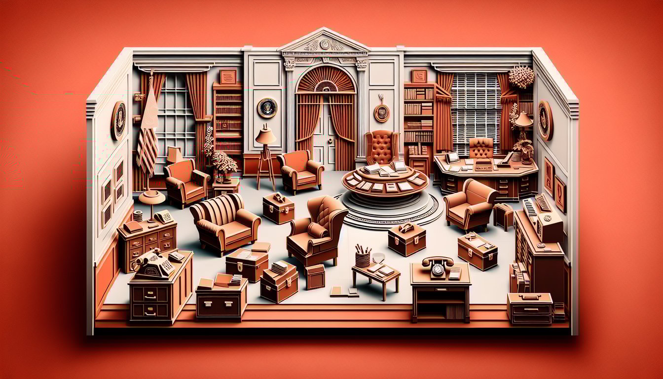 Layered paper art illustration of West Wing facade with quiz icons on coral background