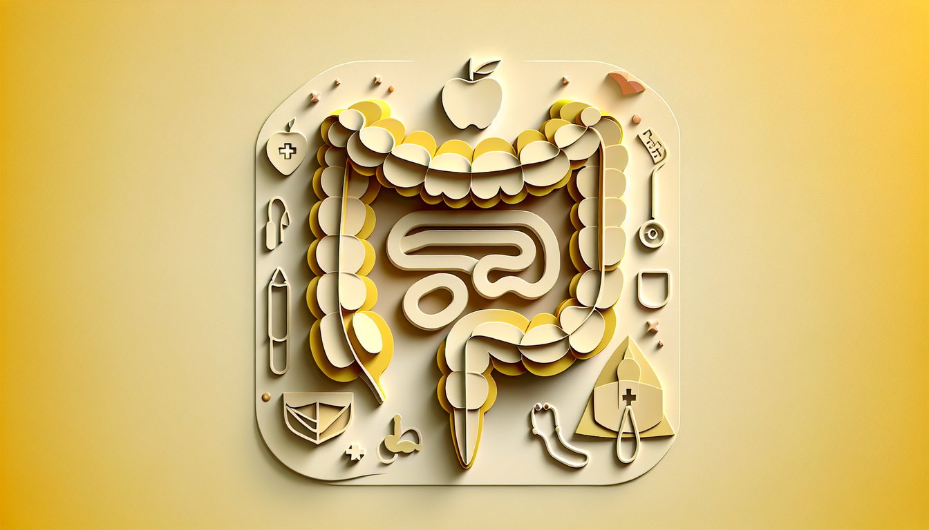 Paper art card with colon icon quiz on colorectal cancer symptoms risk factors prevention tips golden yellow background