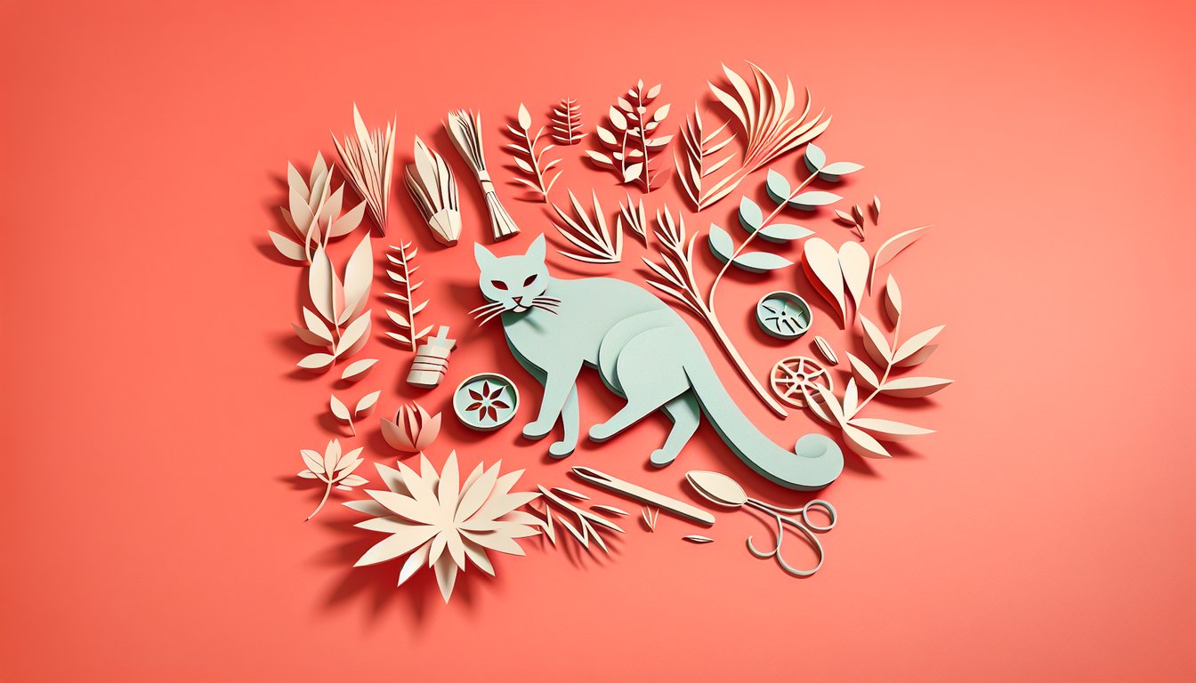Paper art illustration of warrior medicine cat surrounded by herbs healing tools and clan emblems on coral background