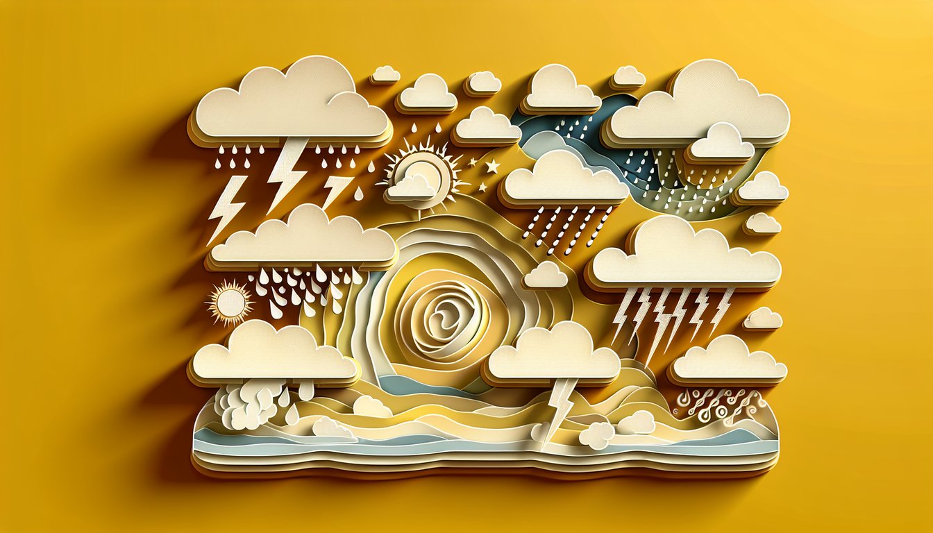Layered paper clouds raindrops and lightning icons on golden yellow background representing a clouds and storms quiz.