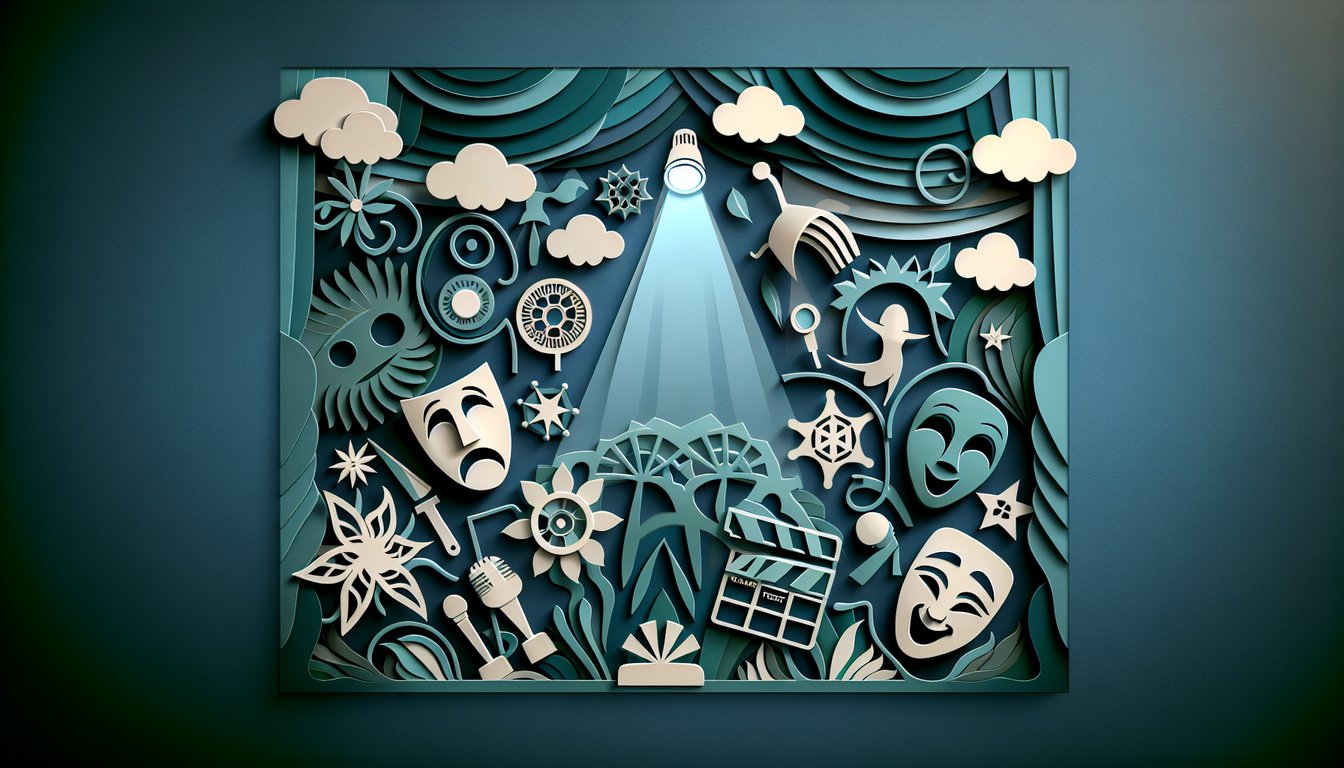 Paper art illustration showing drama masks spotlight stage curtain megaphone quiz icons on teal background