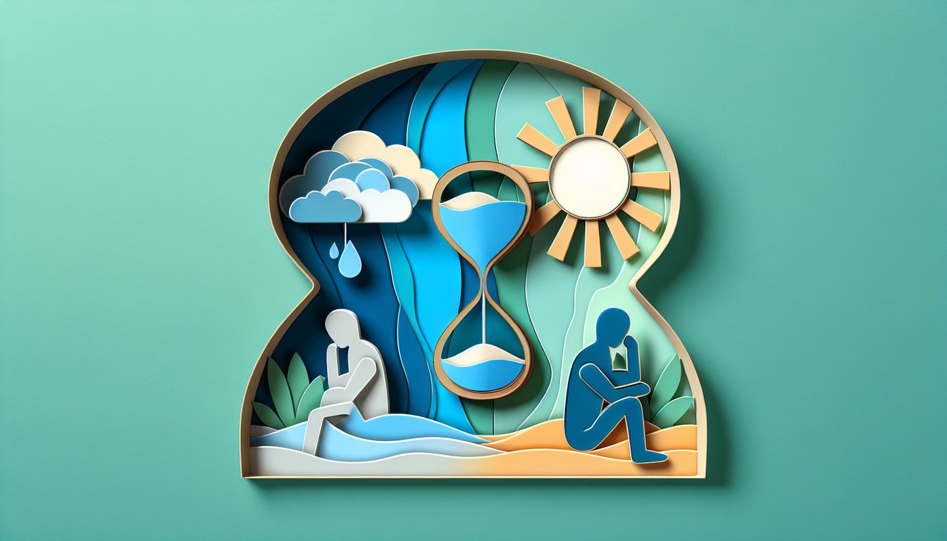 paper art illustration showing a person yawning next to a low battery symbol on teal background for lazy vs depressed quiz