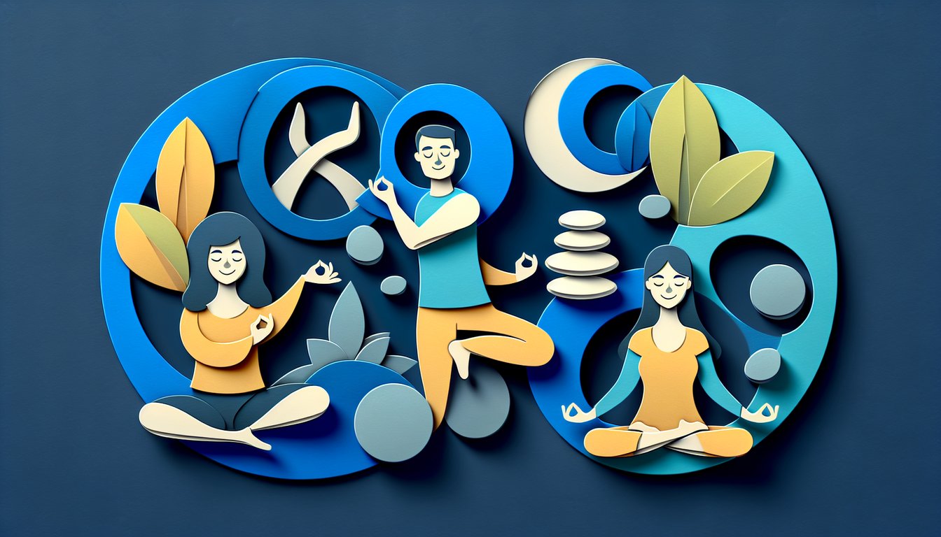 Paper art quiz scene with balancing shapes and gears symbolizing emotional regulation on dark blue background