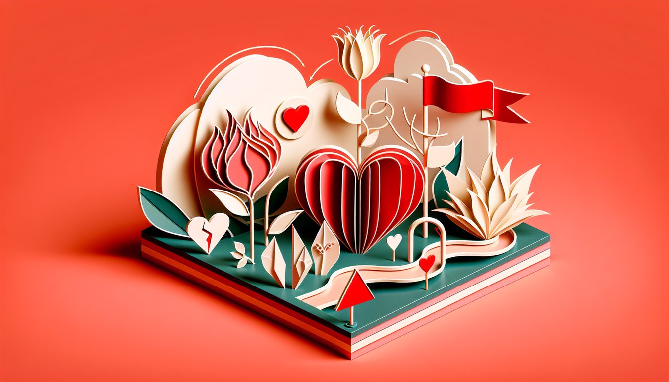 Paper art illustration two torn hearts checklist red flags coral background bad relationship quiz
