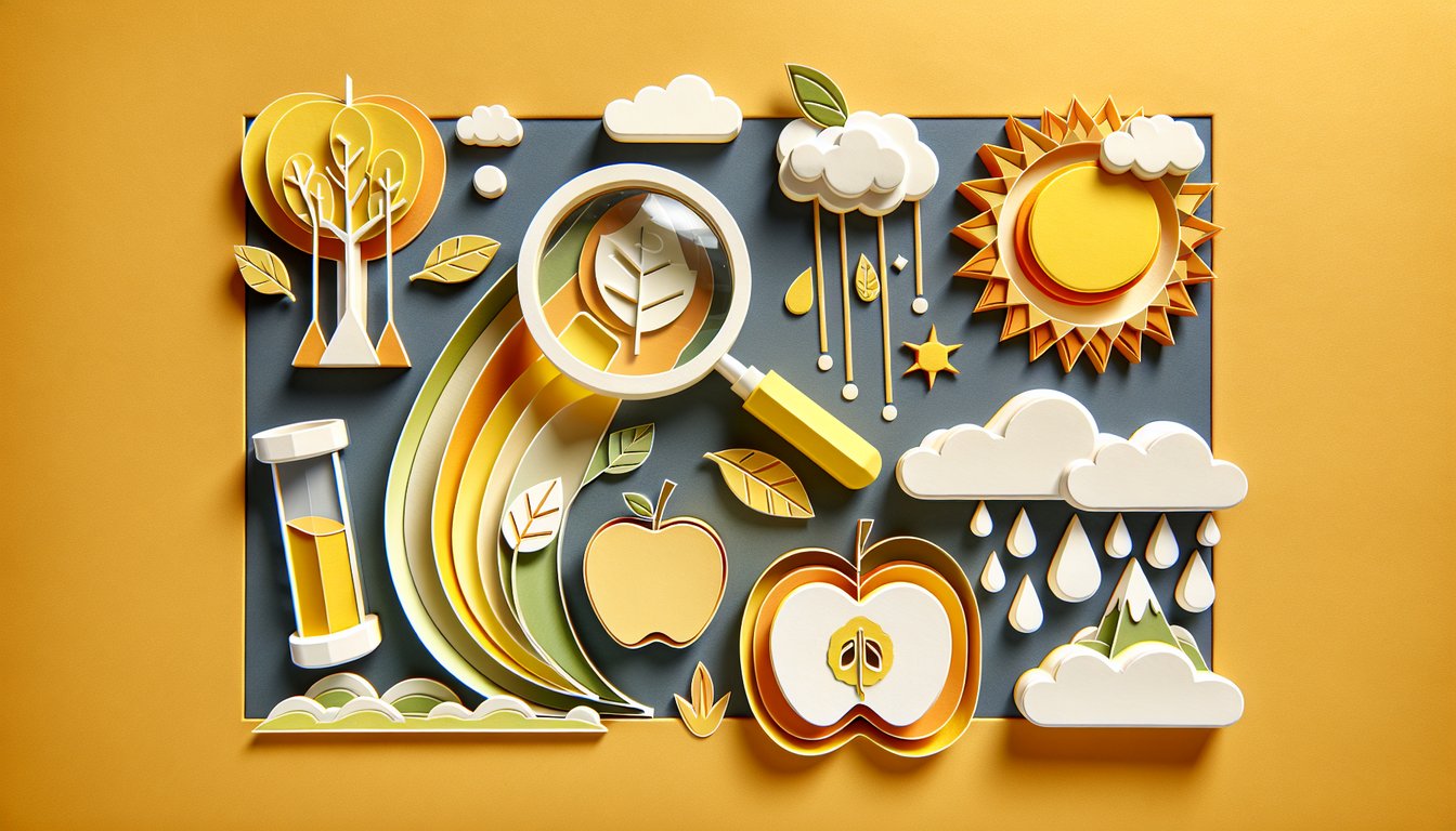Paper art quiz illustration for first graders with basic science trivia on a golden yellow background.