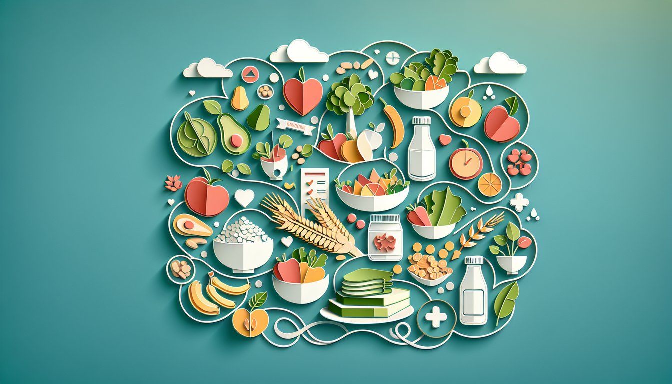 Paper art quiz scene with fruits vegetables and checkboxes on teal background inviting free malnutrition risk test