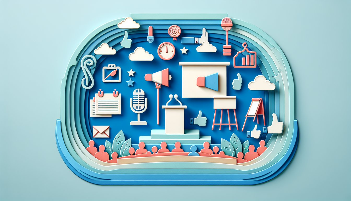 paper art style illustration of book, microphone, podium, speech bubbles on sky blue background public speaking quiz banner