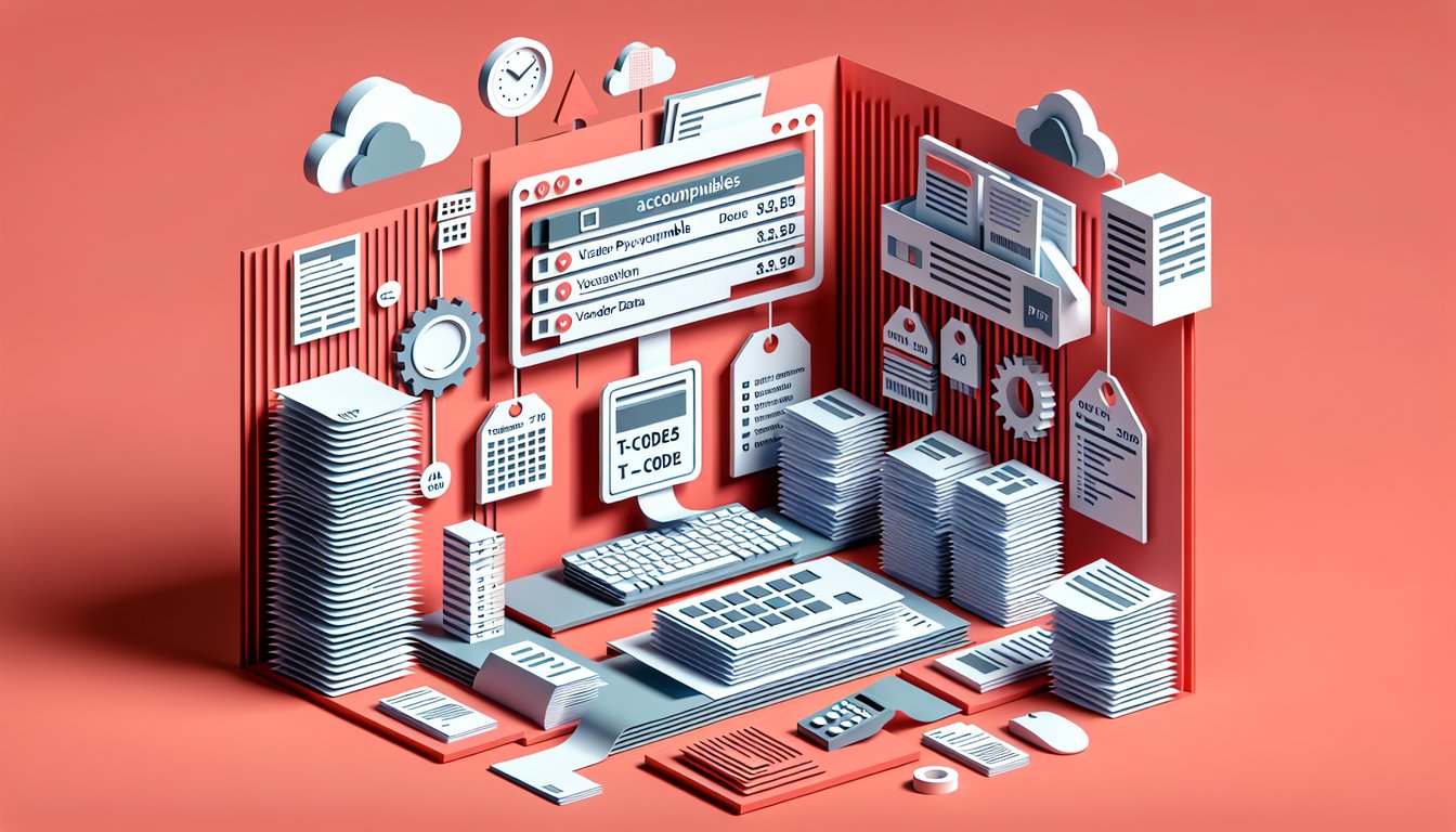 Paper art illustration of accounts payable quiz featuring T codes vendor data invoice and calculator on coral background