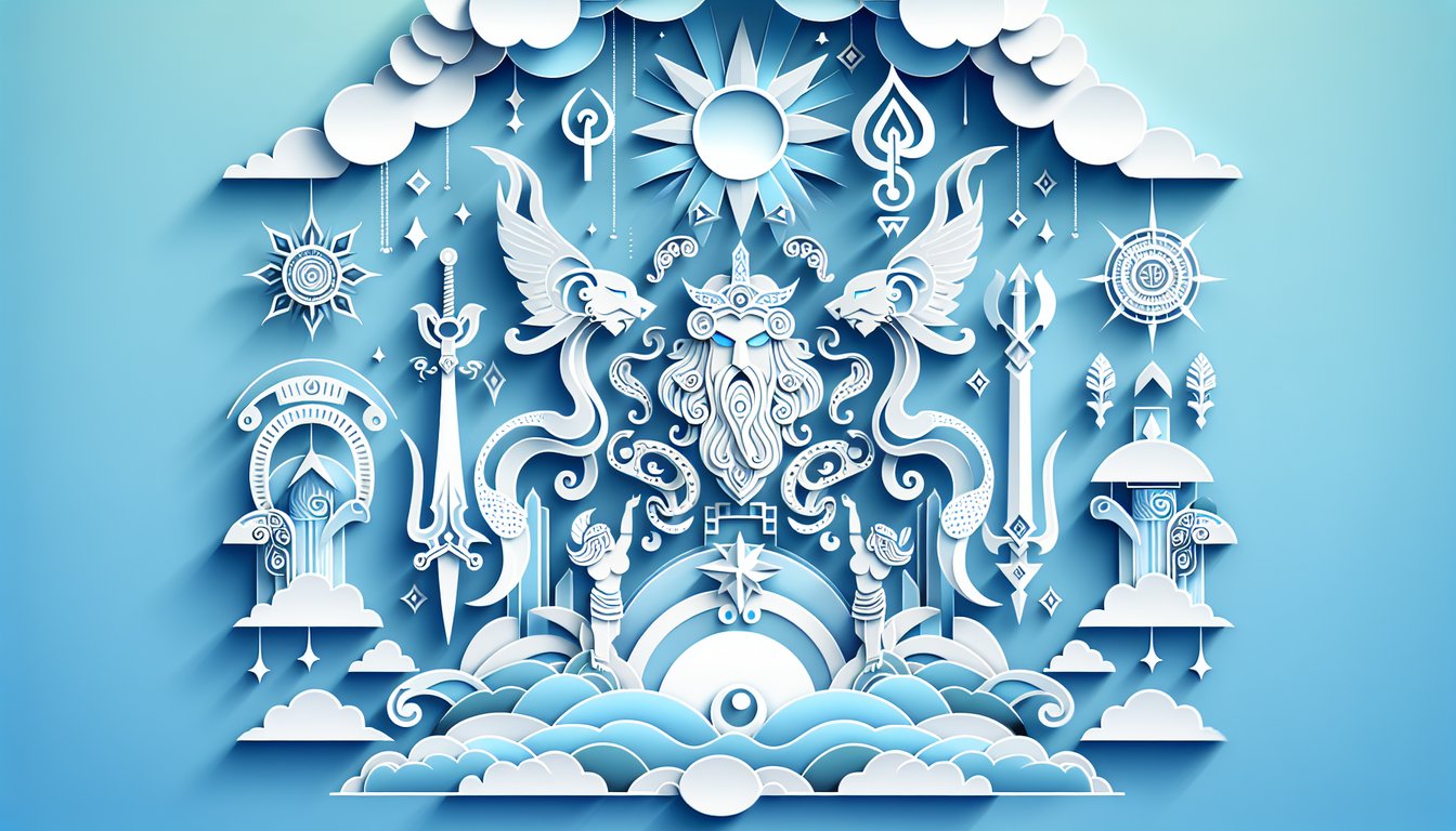 Paper cut style illustration of Smite deities including Hera on sky blue background for a deity quiz