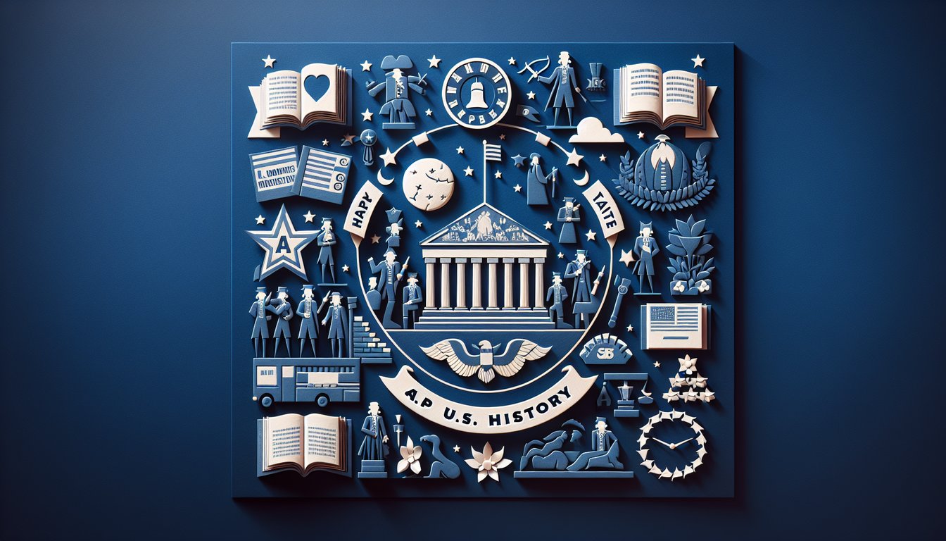Colorful paper art promoting APUSH Semester Showdown, a comprehensive high school history quiz.