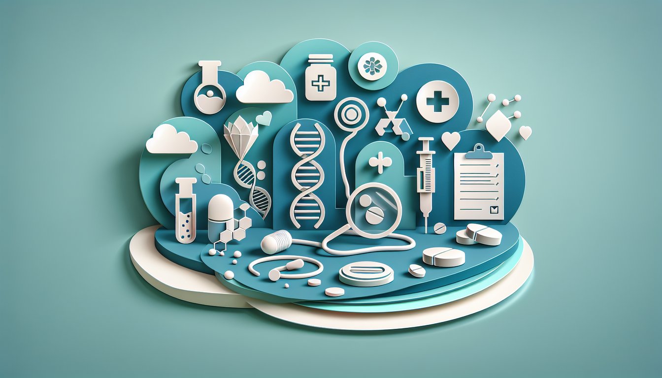 Paper art style illustration on teal background showing medical term quiz banner listing suffix ic lysis penia and more