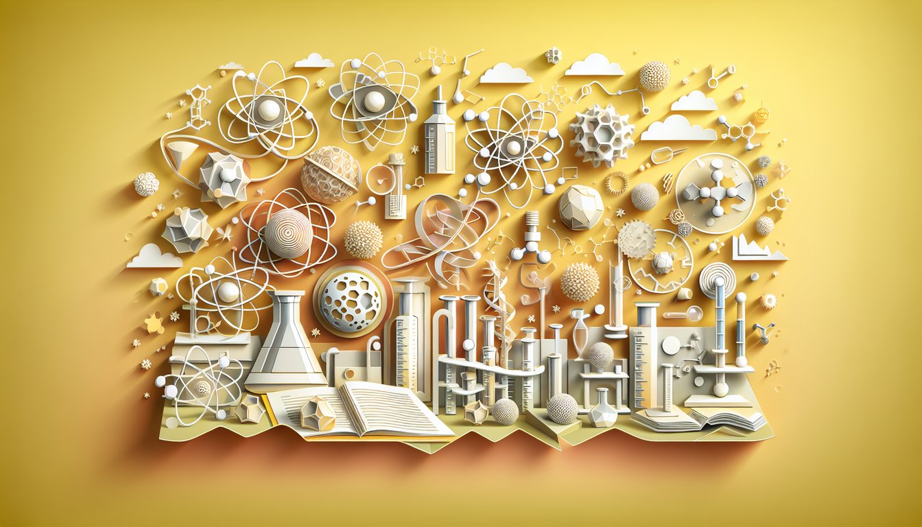 Paper art style illustration of atoms and molecules for an AP Biology quiz on chapters 2 to 4 on a golden yellow background