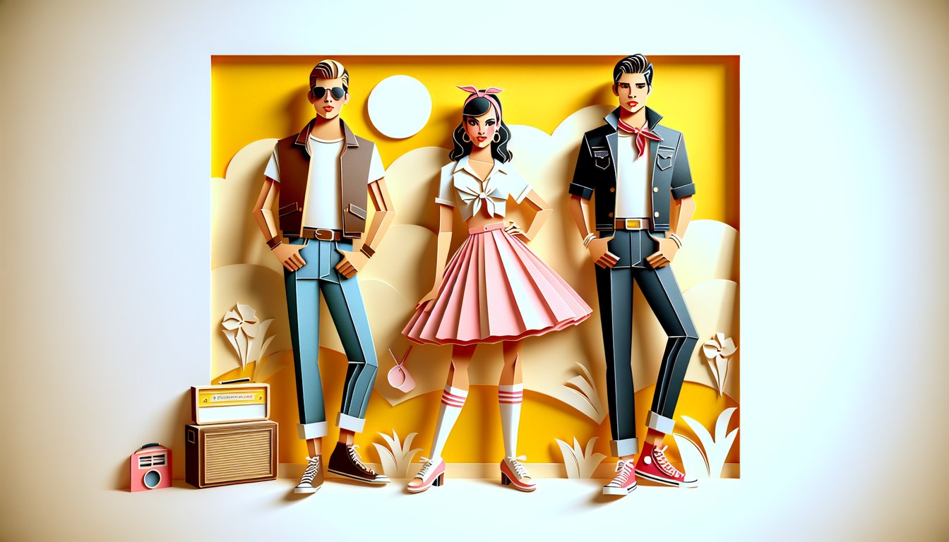 Paper art illustration for Grease character style quiz on a golden yellow background