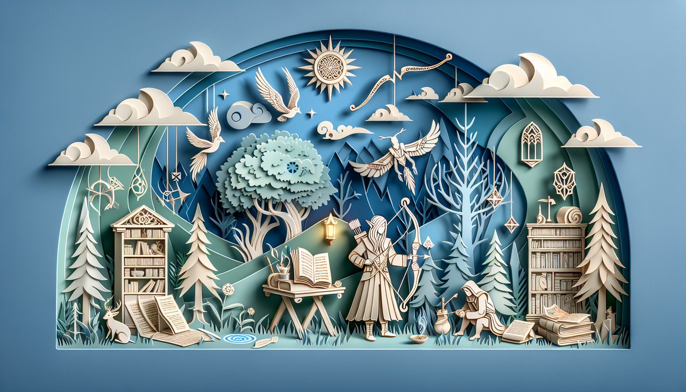 Paper art elf figures in ornate festive scene on sky blue background for free elf persona quiz design