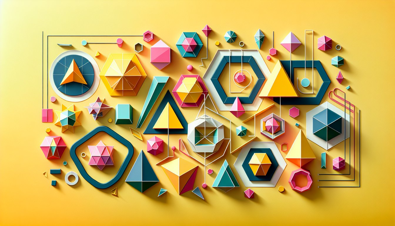 Paper art collage of colorful polygons including triangles hexagons nonagons floating on a golden yellow background