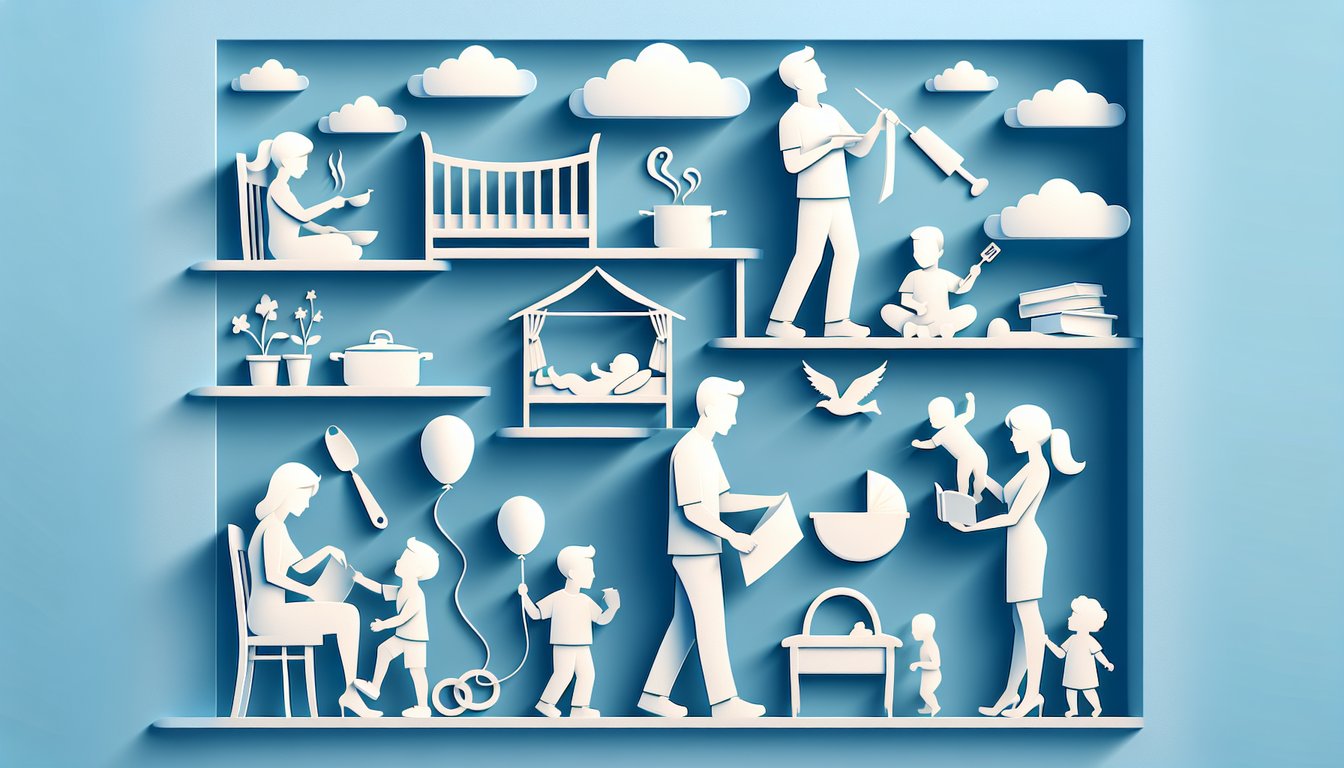 Paper art style illustration of father and child figures with puzzle pieces on sky blue background