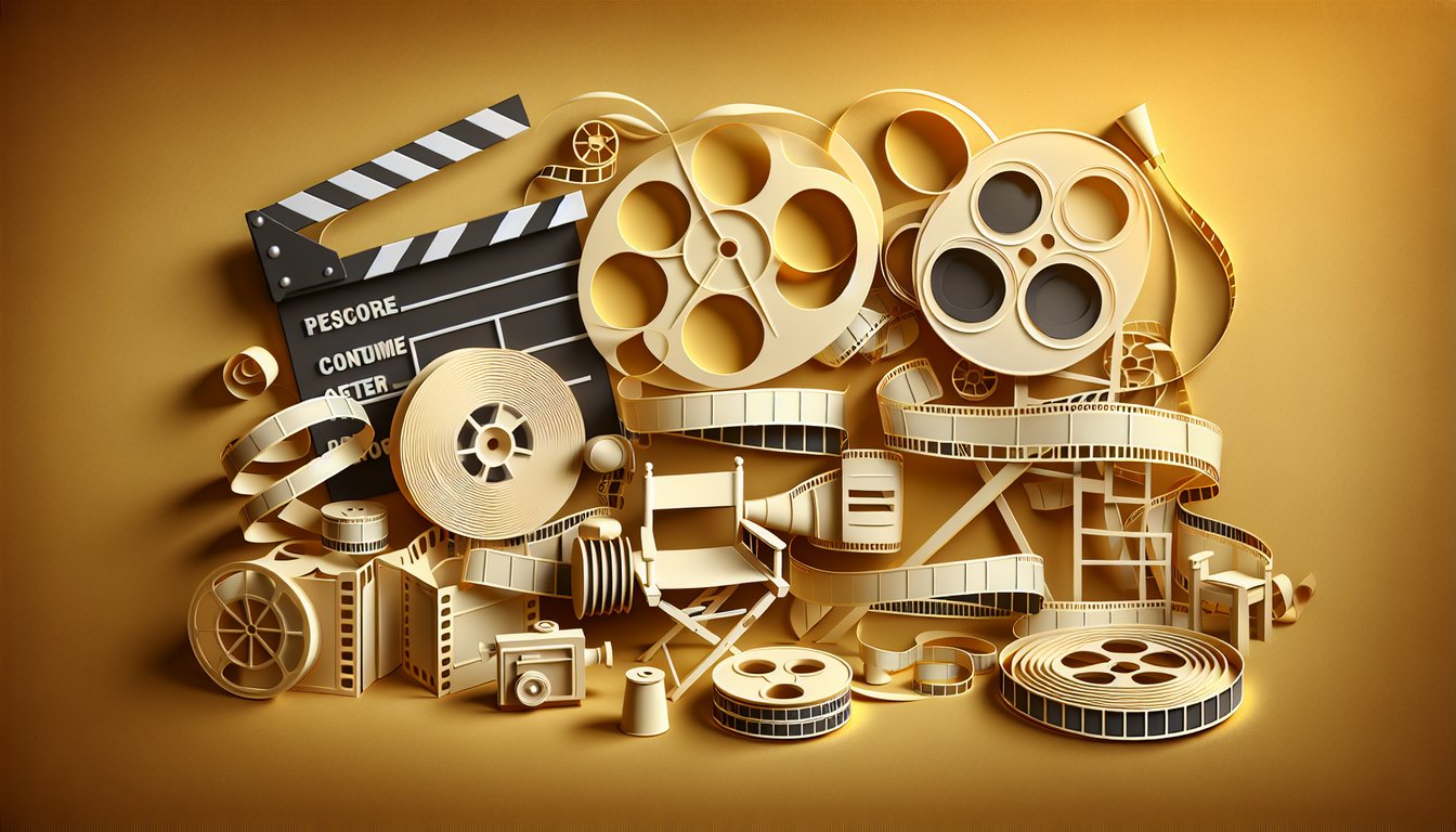 Paper art film trivia quiz with popcorn, clapboard, star, ticket symbols and scoring icons on golden yellow background