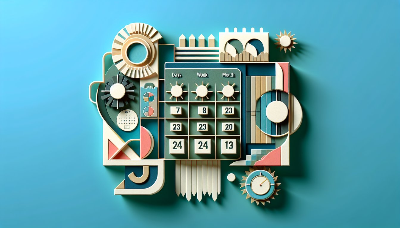 paper art style calendar pieces and weekday labels on teal background for a quiz on days of week and months
