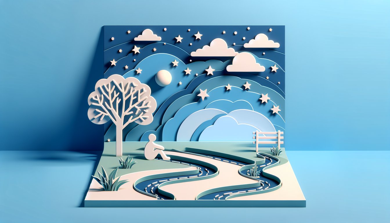 Paper art style quiz illustration on sky blue background with mood faces and question prompts for depression self assessment