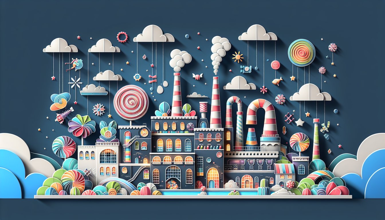 paper art style illustration with chocolate bars quiz title charlie and the chocolate factory trivia on dark blue background