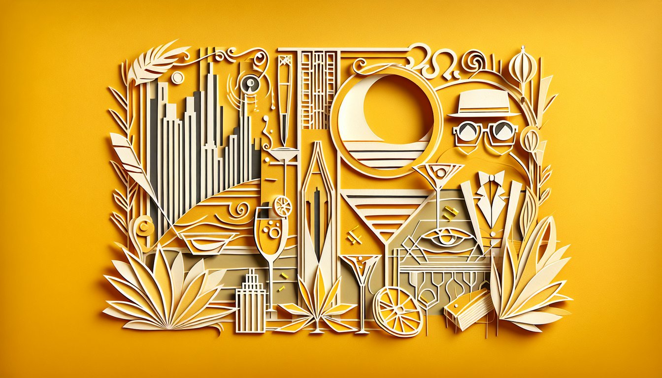 Paper art of Nick Catherine and the McKees discussing Gatsby revelations from Mr McKee on golden yellow background