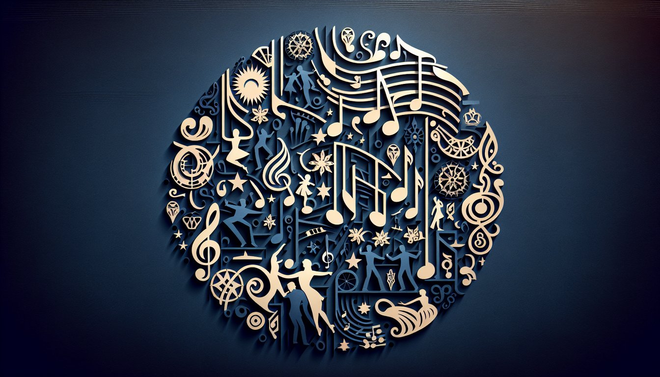 Paper cut art of urban skyline dancers and floating musical notes on dark blue background for West Side Story quiz