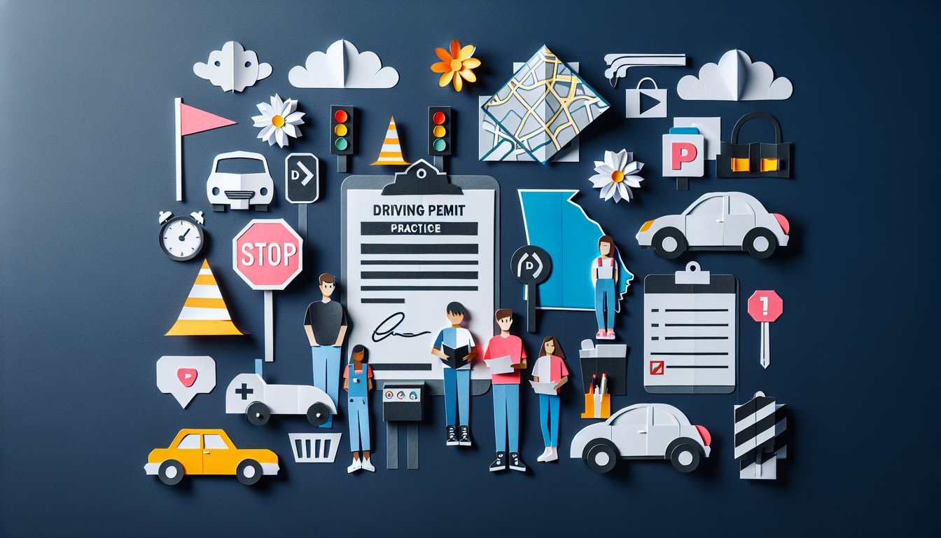 Colorful paper art promoting the Ace Your GA Permit trivia quiz for aspiring teen drivers.