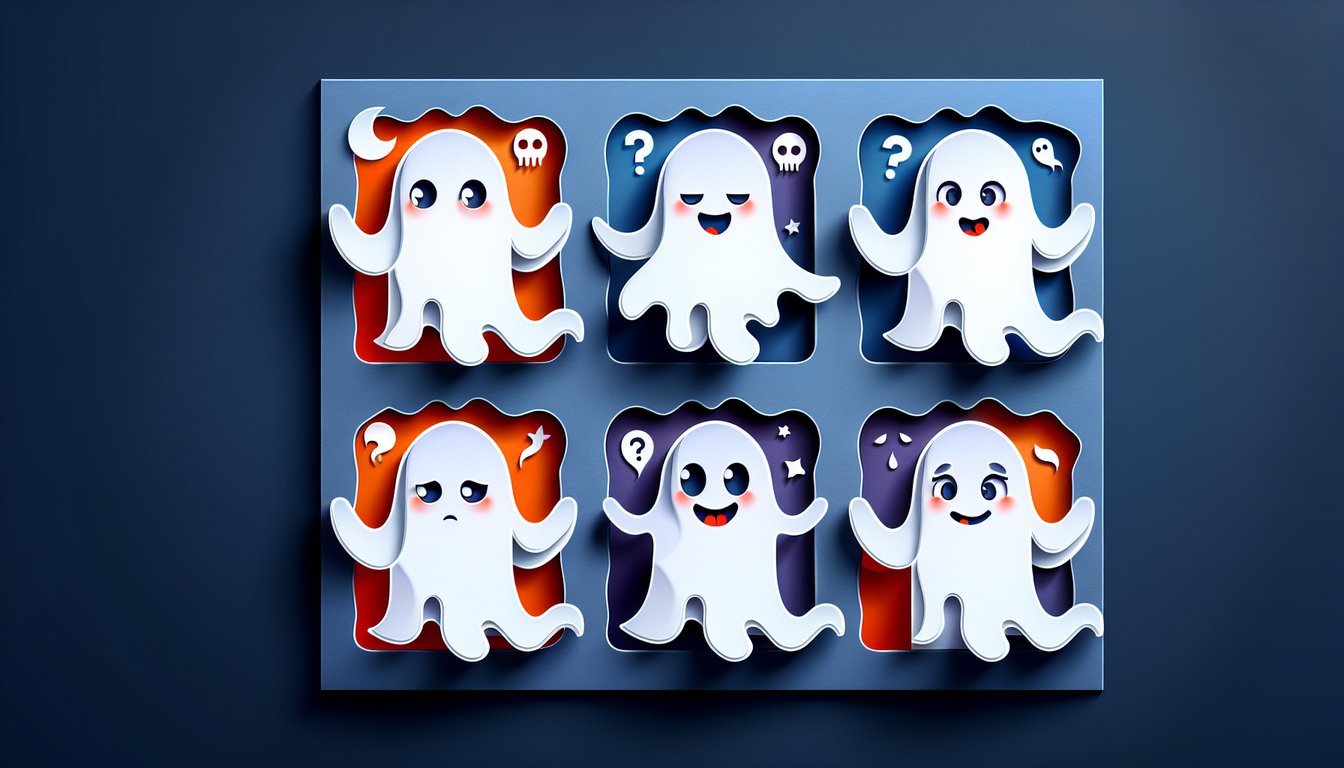 Paper art illustration for BBC Ghosts personality quiz on dark blue background