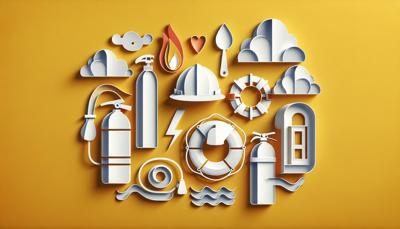 Paper art illustration of safety quiz elements hazard symbols questions clipboard and lightbulb on golden yellow background