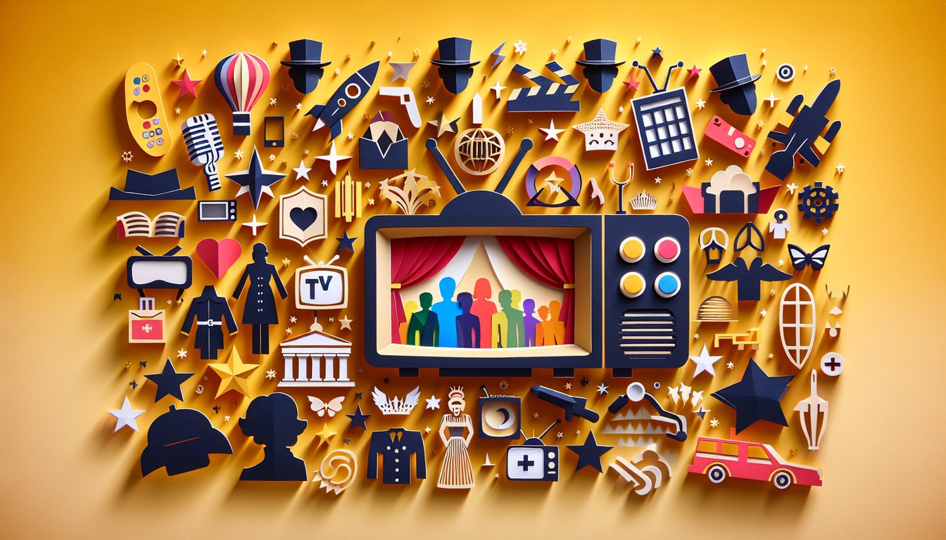 Paper art illustration of TV screen remote control and quiz icons on a golden yellow background