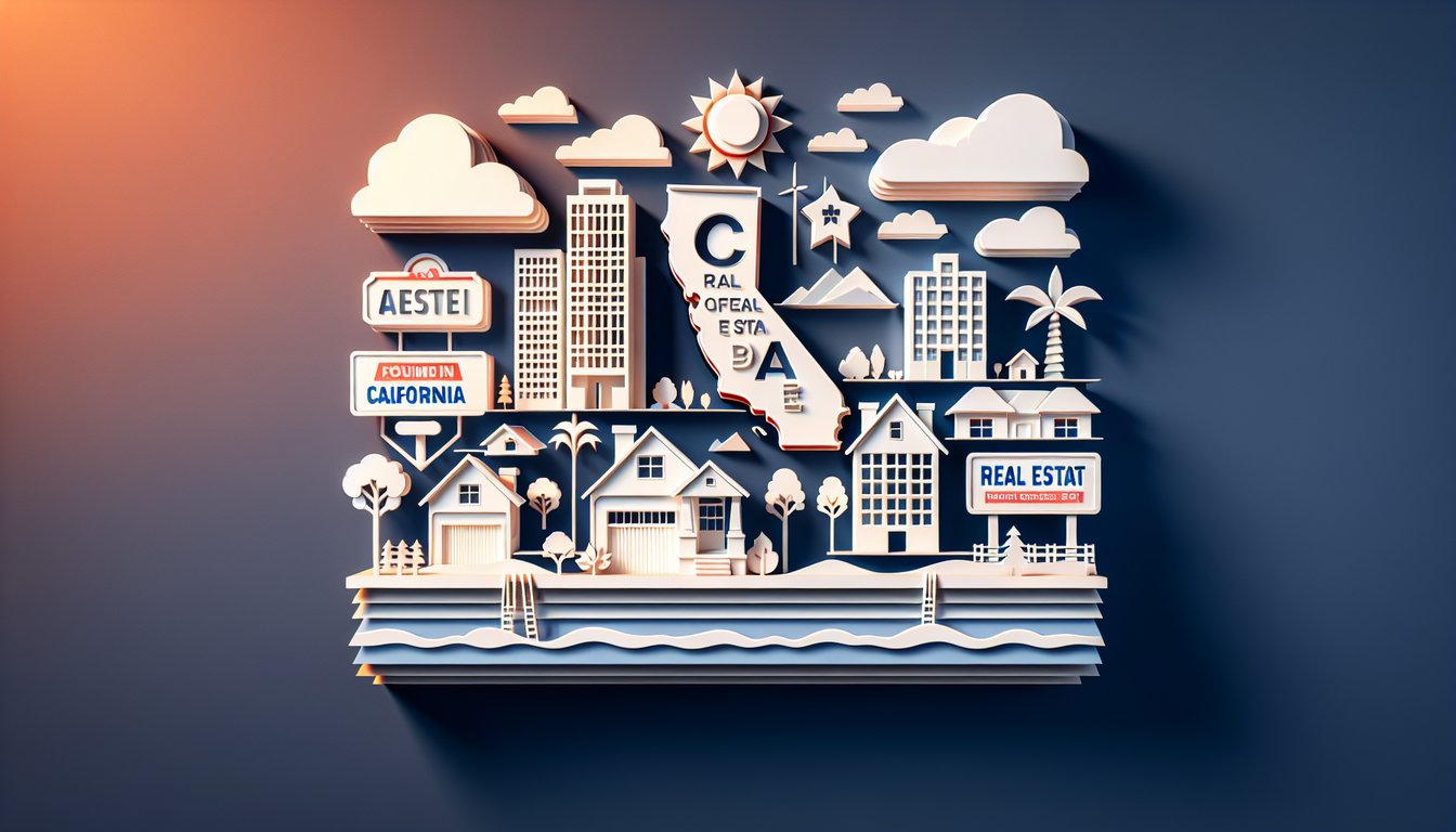 Paper art illustration for California real estate practice test quiz on dark blue background