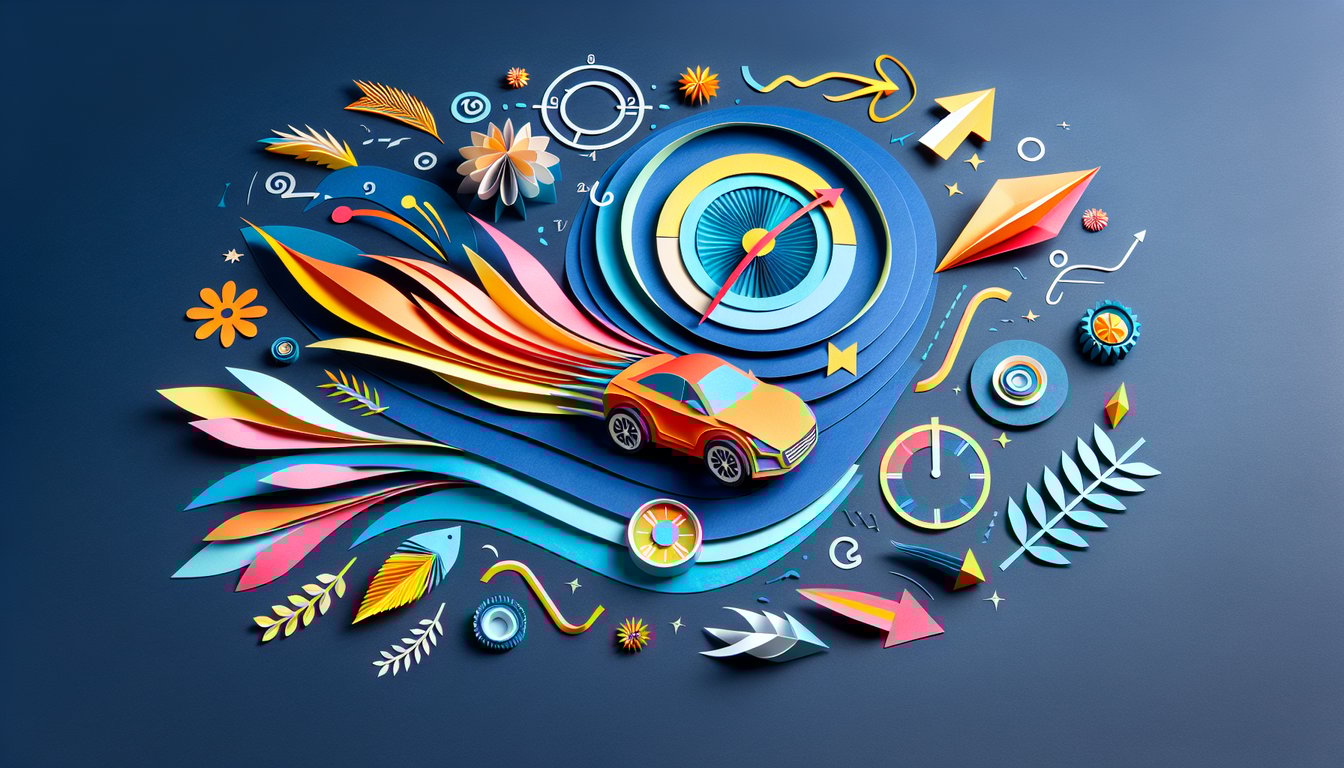 Paper art illustrating a Speed and Velocity Mastery practice quiz for high school physics students.