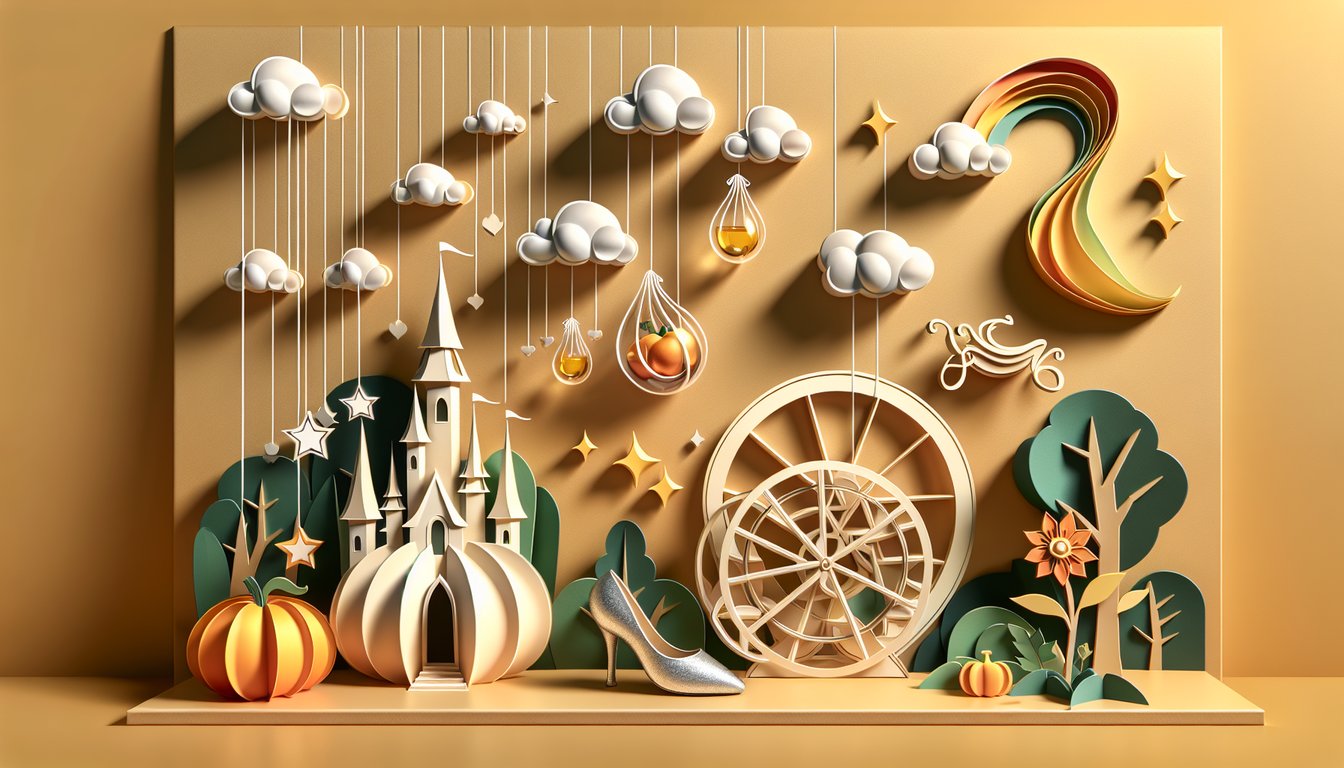 Paper art illustration featuring fairy tale characters and symbols on golden yellow background for fun trivia quiz