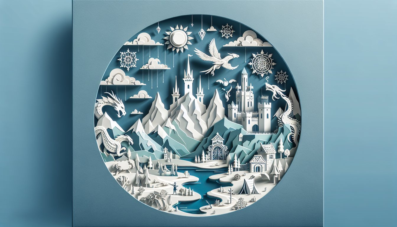 Paper art illustration for Skyrim quiz featuring Nord helmet dragon silhouette sword runes on sky blue background