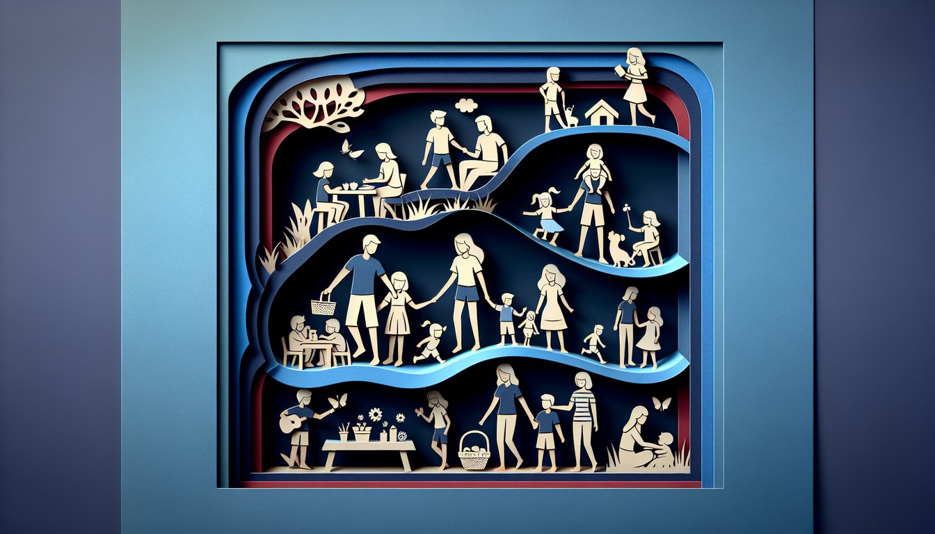 Paper art illustration for quiz about determining ideal family size on a dark blue background.