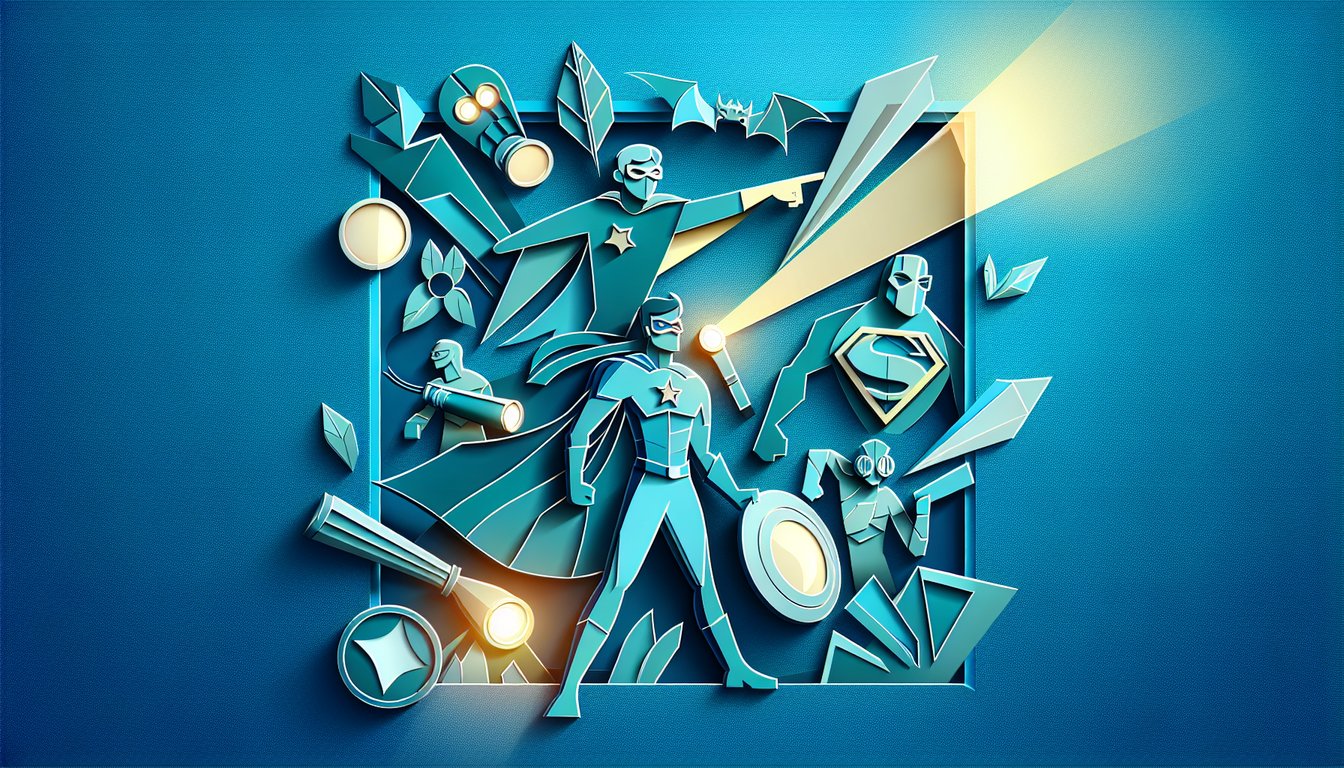 Paper art style Power Ranger helmet and art tools on sky blue background for quiz drawing challenge