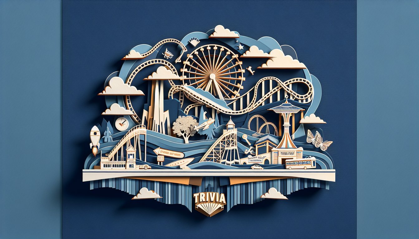 Paper art illustration for Cedar Point trivia quiz featuring roller coasters and park history on dark blue background.