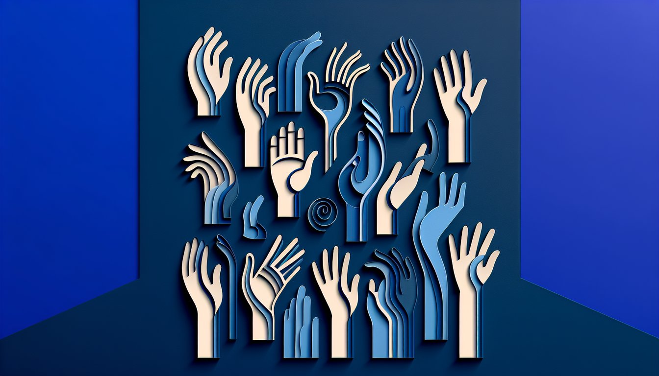 Paper art hands with palm line patterns and stars on dark blue background for personality palm reading quiz