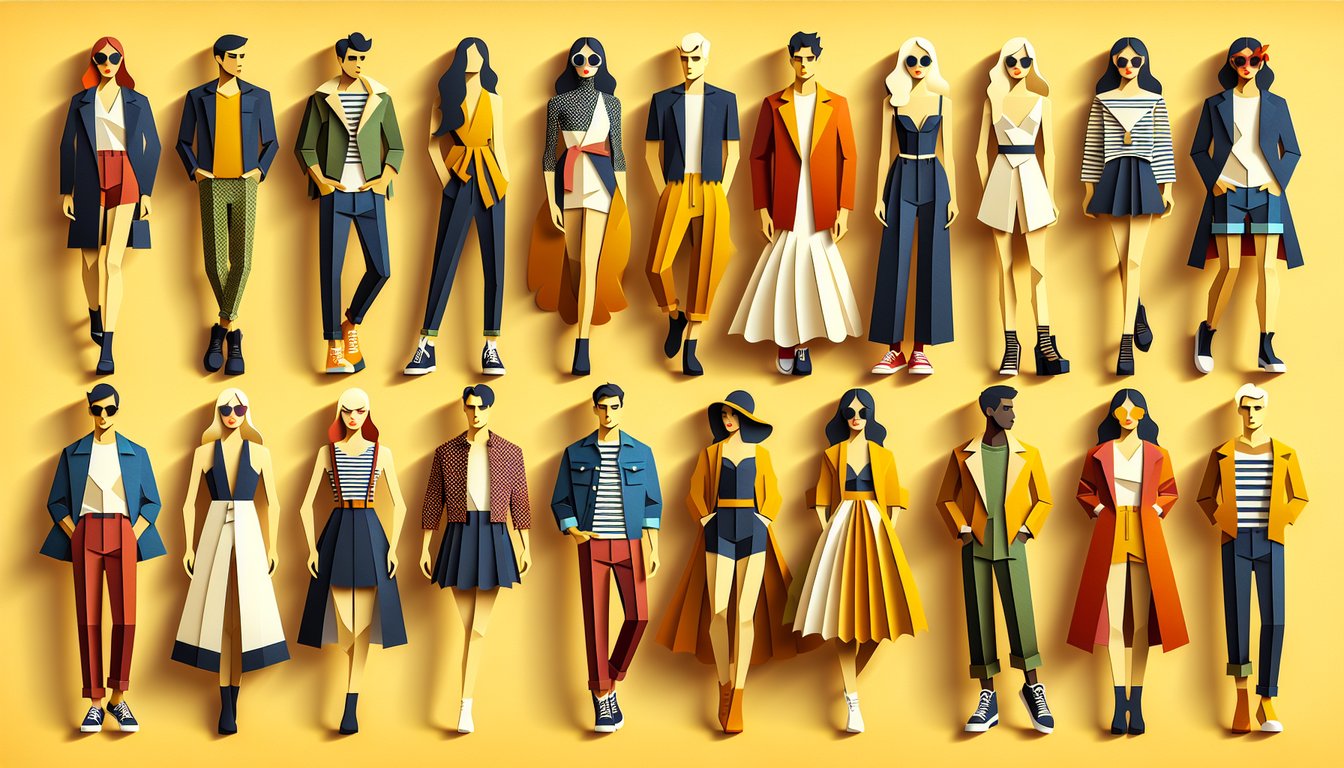 Paper art illustration for outfit style quiz on a golden yellow background.