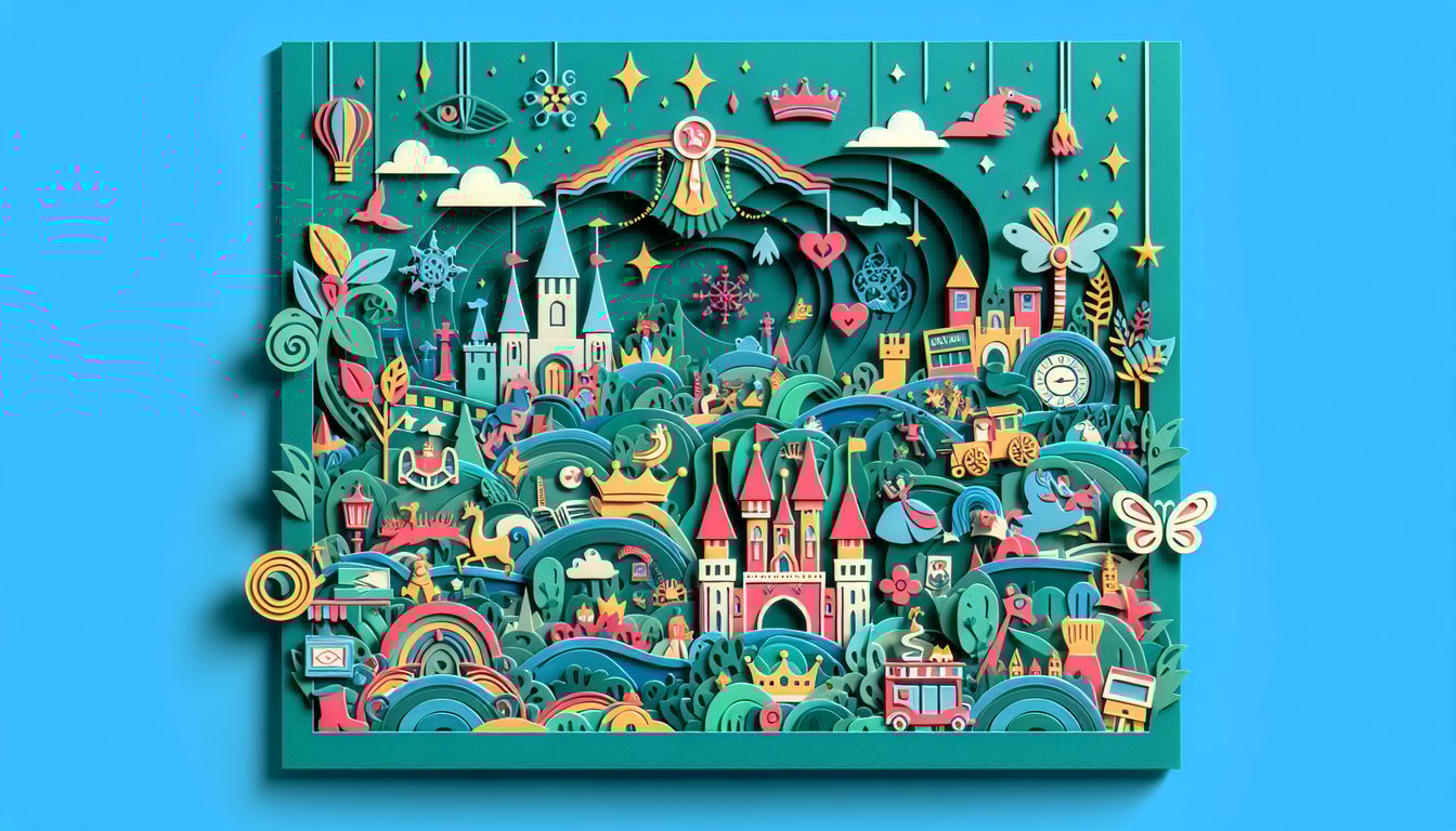 Paper art illustration for Disney alter ego quiz on a teal background