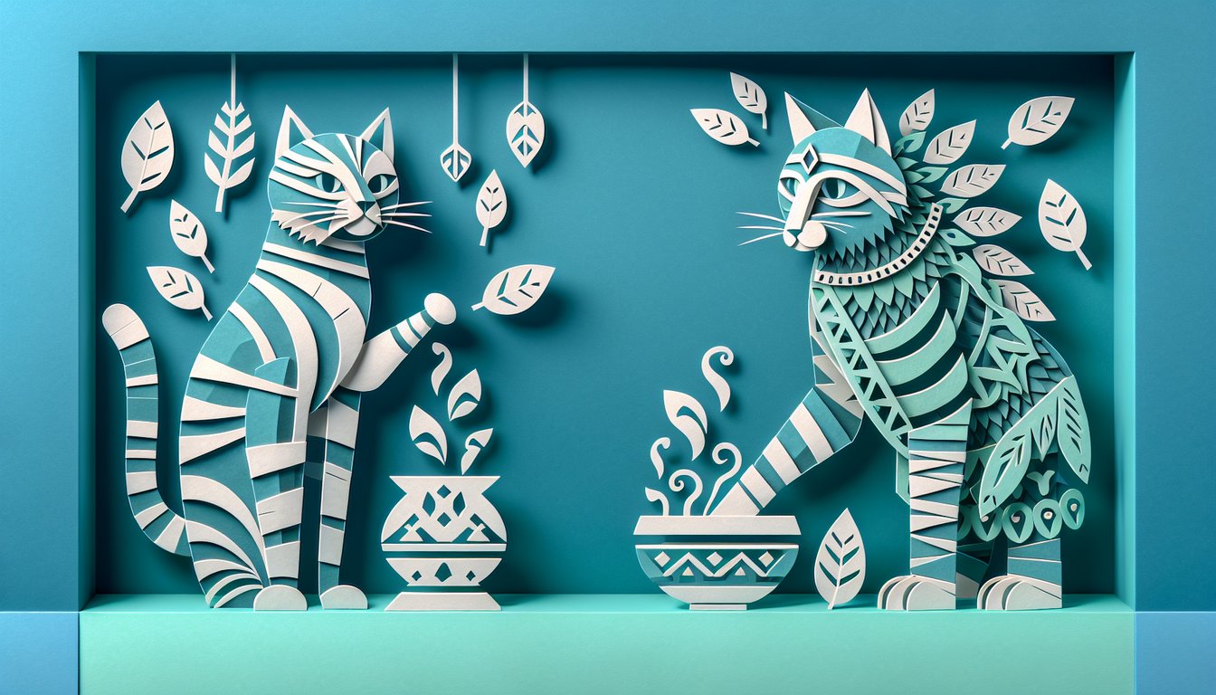 Paper art illustration of a cat surrounded by herbs and clan symbols on teal background.