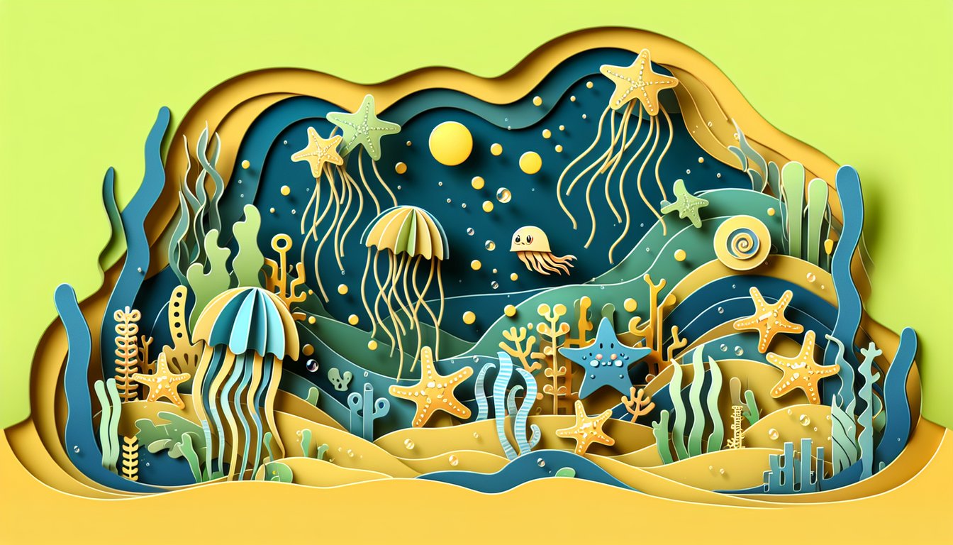 paper cutout SpongeBob faces and Bikini Bottom icons quiz illustration on golden yellow background