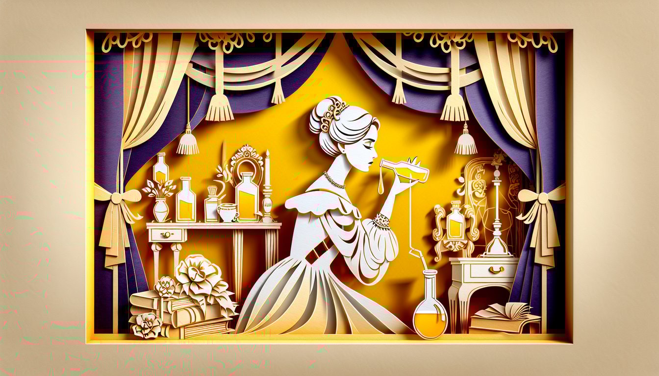 Paper art style depiction of Juliet holding a potion vial with quiz banner on golden yellow background.