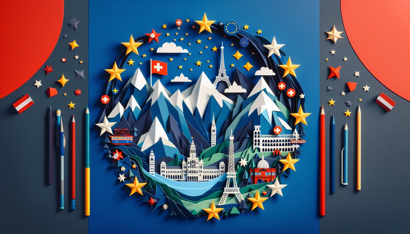 Colorful paper art depicting a trivia quiz on Swiss-EU relations.