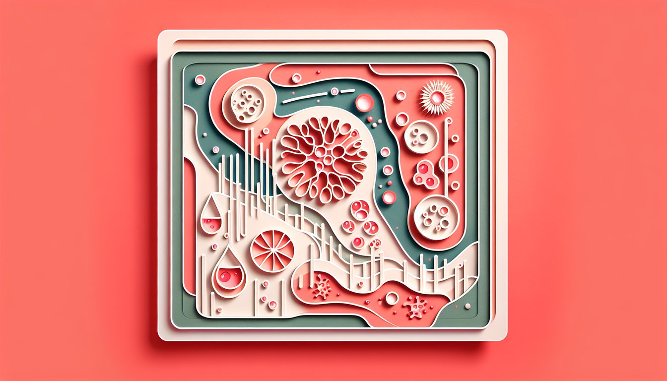 Paper art layers showing cell membranes diffusion osmosis quiz questions and study icons on coral background